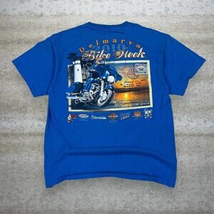 Vintage Delmarva Bike Week Shirt Harley Blue Short Sleeve Cotton Shirt Y2K